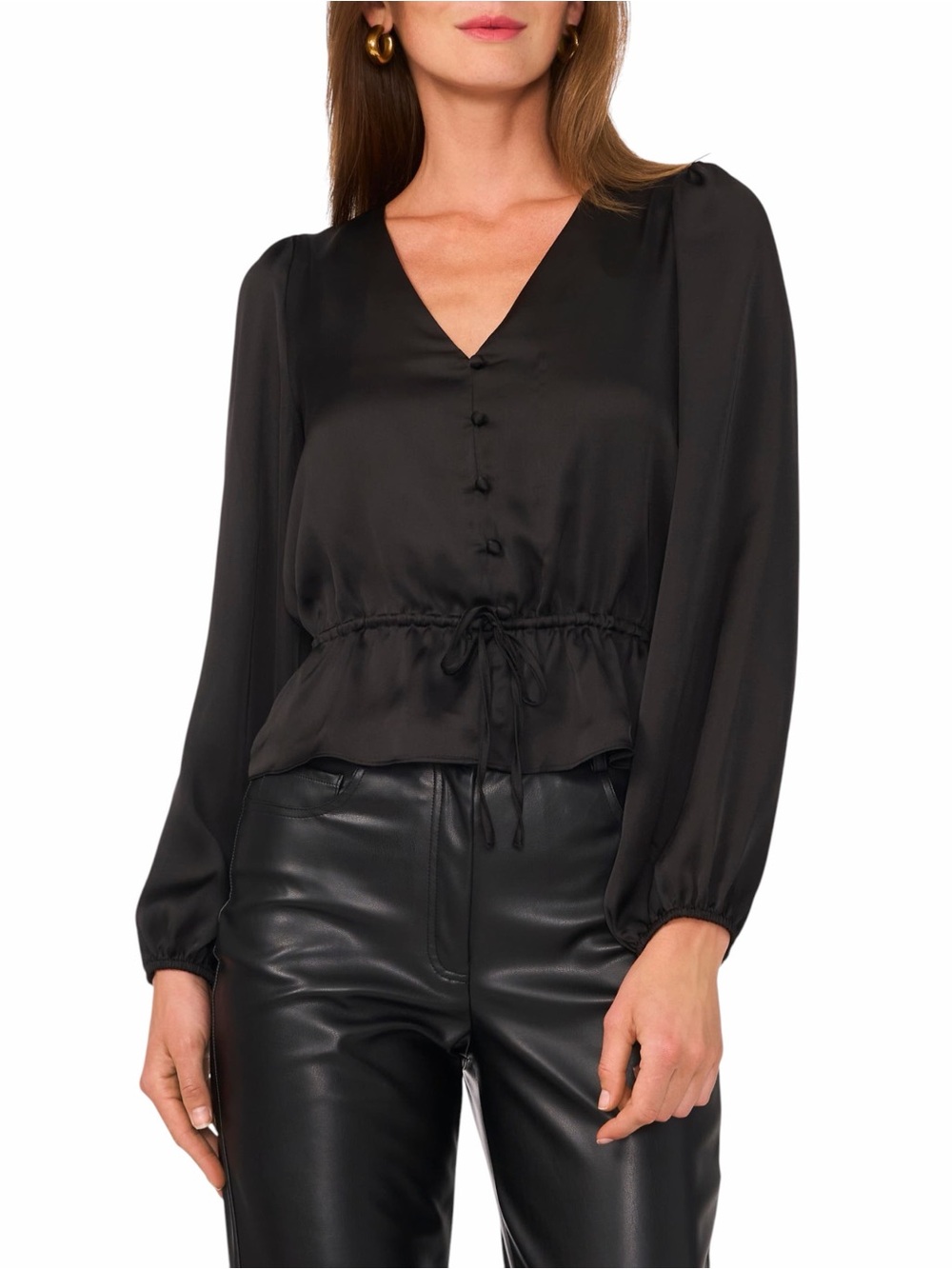 1.STATE Satin Peplum Blouse V Neck Button Front Drawstring Black XL NEW